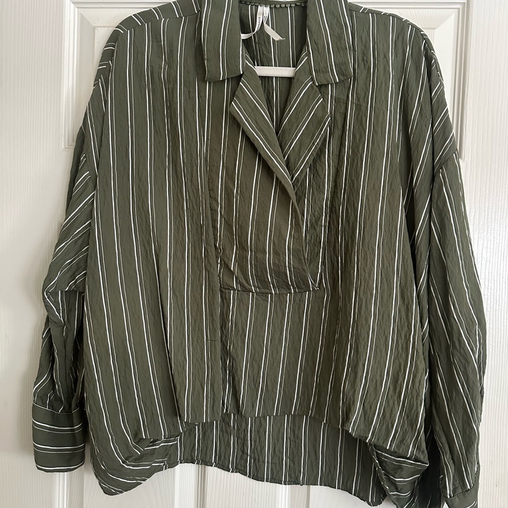 Anthropologie Olive and White Striped Top